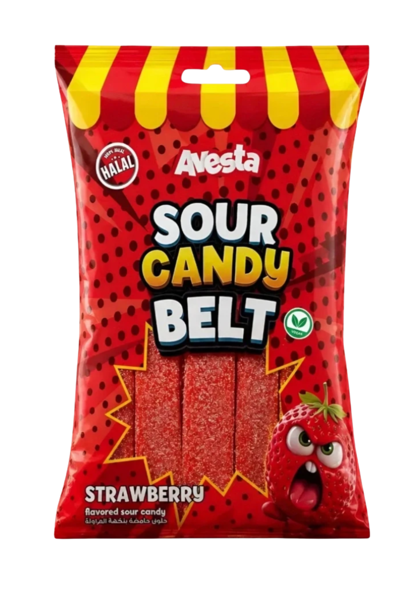 Avesta Sour Belt Strawberry Fruit, lanière acidulée fraise américaine plate et souple avec coating sour, bonbon importé