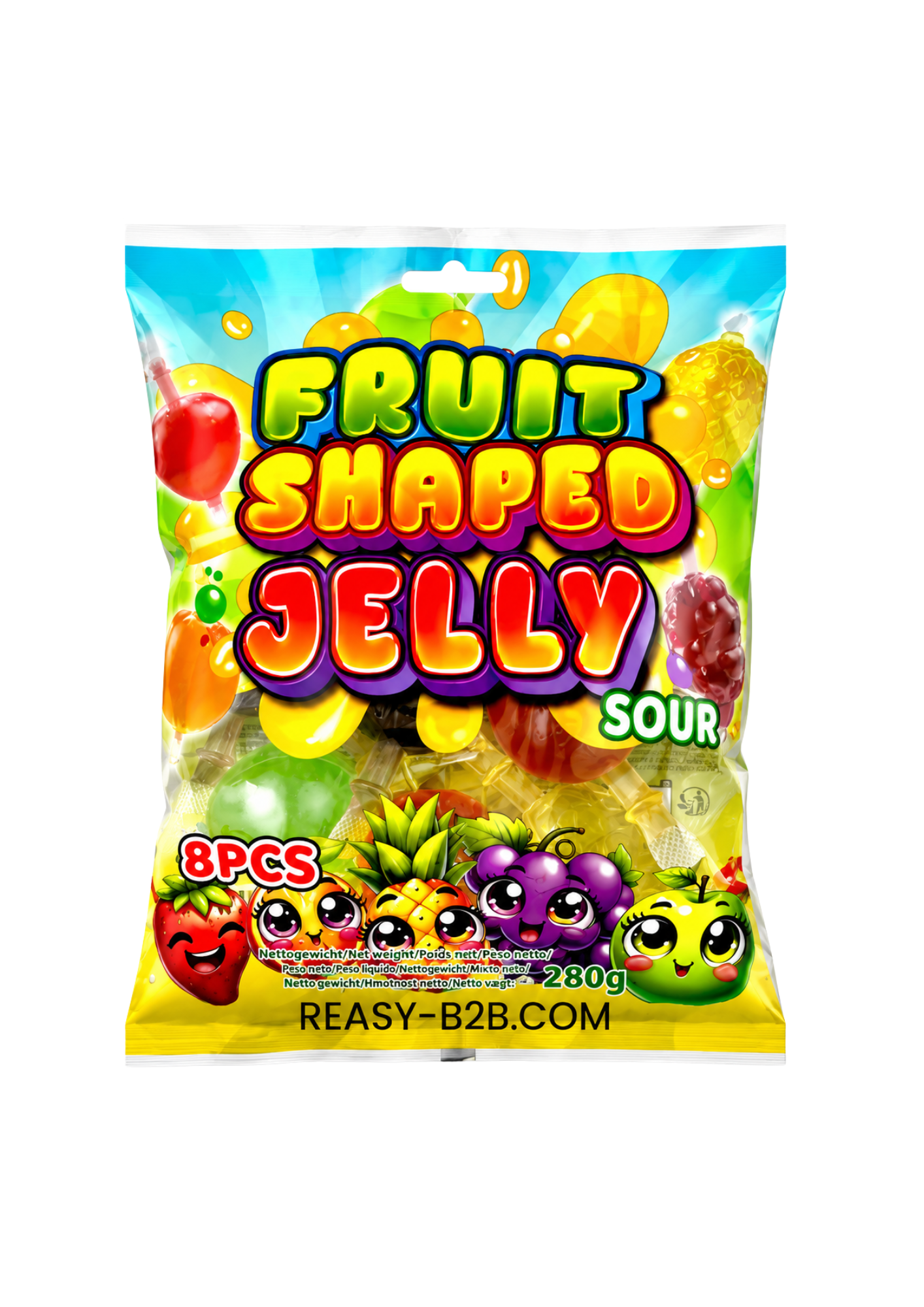 Fruit Shaped Jelly Sour Bag, bonbons gélatineux acidulés en forme de fruits avec sirop liquide intérieur, mix fraise orange ananas raisin pomme
