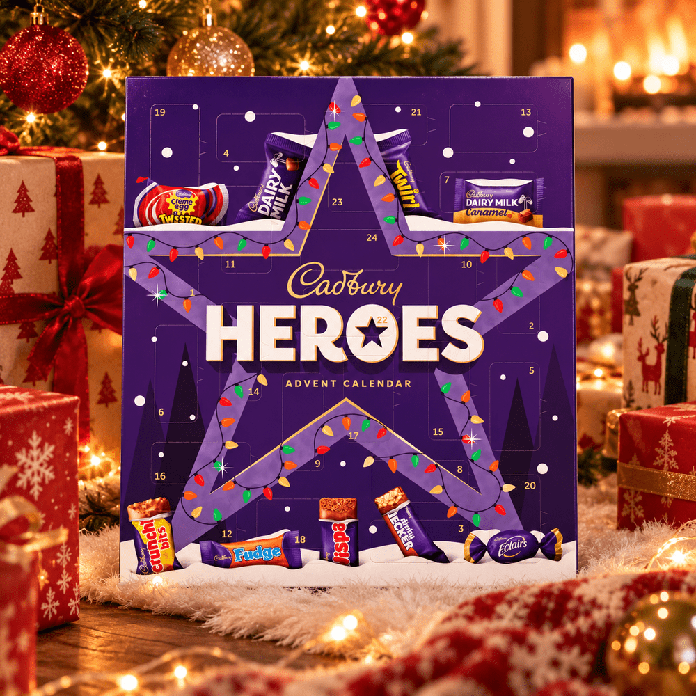 Calendrier de l'Avent Cadbury Heroes violet avec chocolats assortis, présenté devant un sapin de Noël illuminé et des cadeaux.