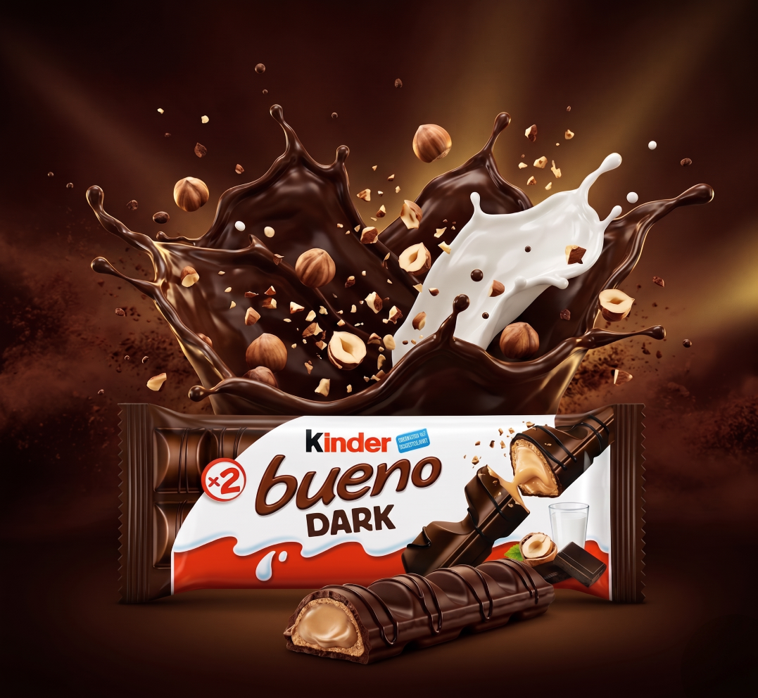 Kinder Bueno Dark avec packaging au premier plan, explosion de chocolat noir, éclats de noisettes et splash de lait dans un style publicitaire gourmand et premium.