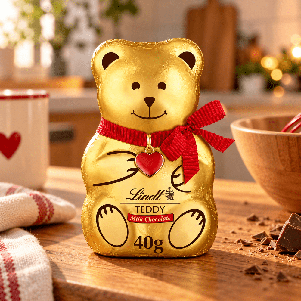 Ourson Lindt Teddy Milk Chocolate 40 g en chocolat au lait, emballé dans du papier doré avec un ruban rouge et un cœur.