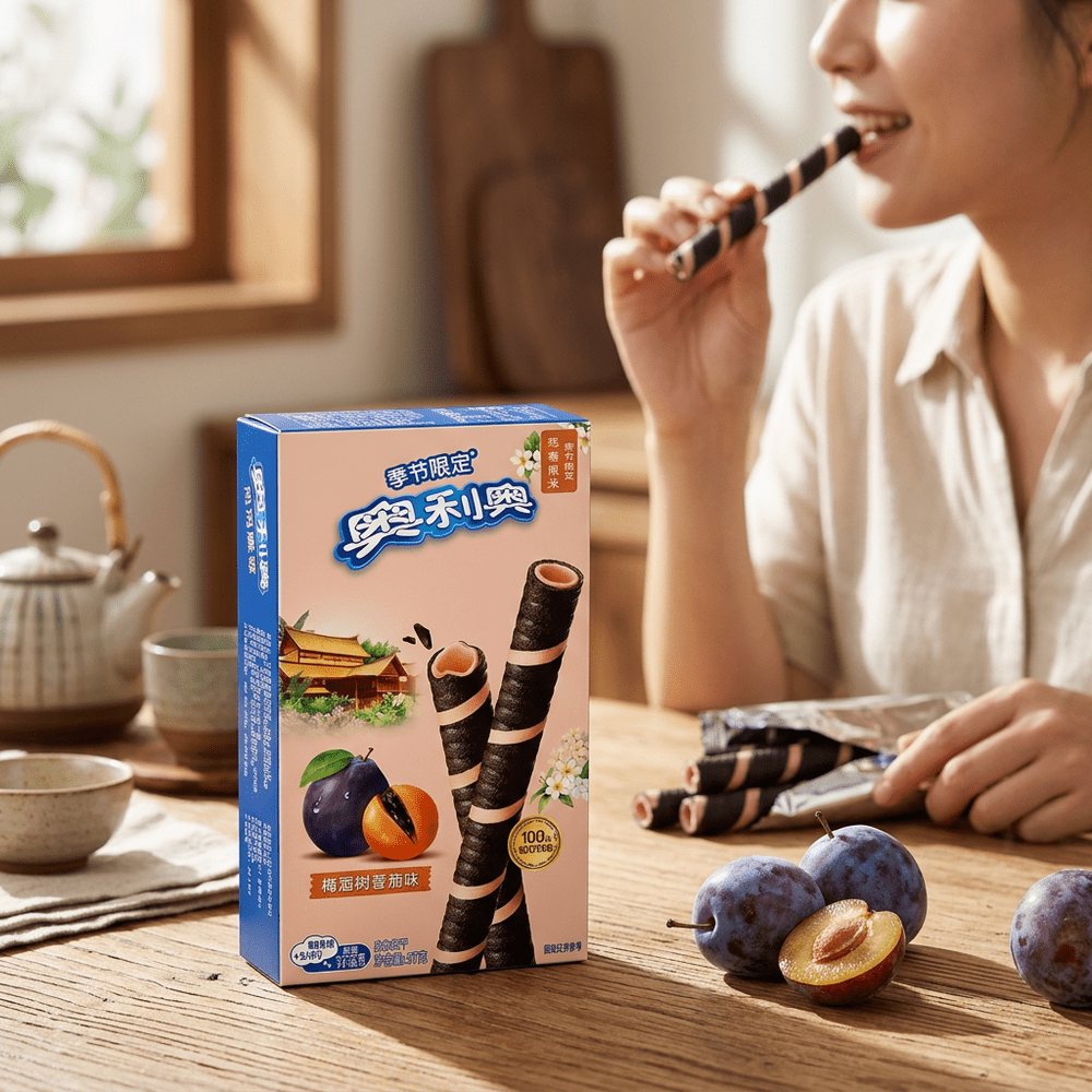 Le paquet de biscuits Oreo Crispy Roll Plum, posé sur une table de cuisine en bois à côté de prunes, en arrière-plan, une femme porte à sa bouche un biscuit roulé – disponible sur My American Shop