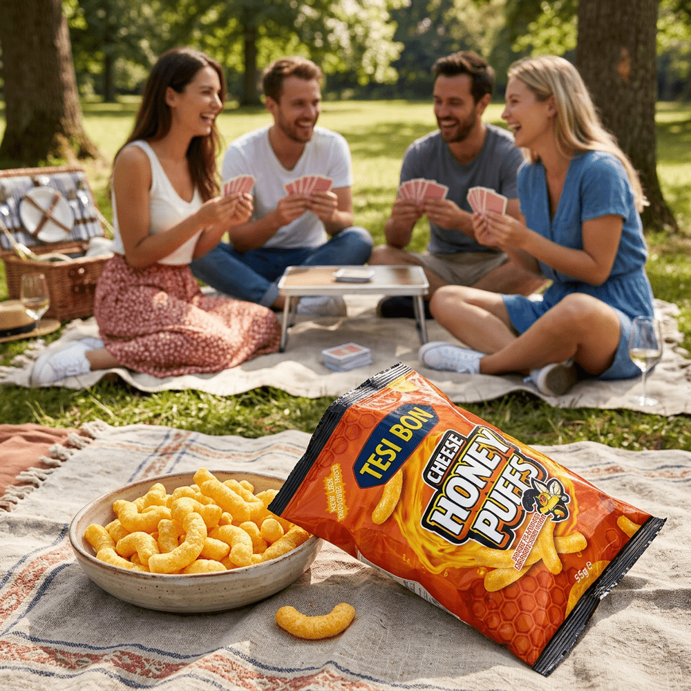 Le paquet de snack salé Tesi Bon Honey Puffs Cheese est posé sur une nappe de pique-nique à côté d’un bol de chips ; en arrière-plan, un groupe d’amis joue aux cartes dans un parc – disponible sur My American Shop