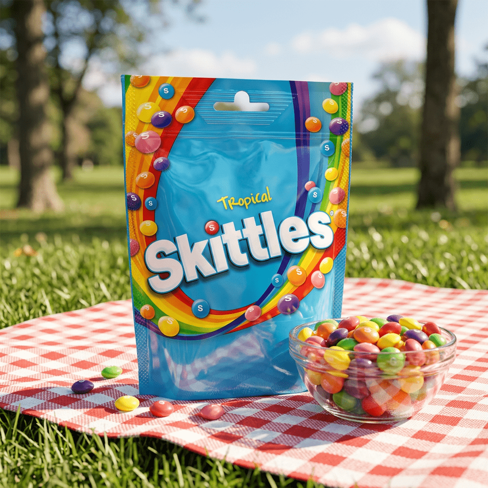 Le paquet de bonbons Skittles Pouch Bag Tropical est posé sur une nappe de pique nique installée sur l’herbe, à coté du paquet se trouve un bol contenant des bonbons skittles colorés – disponible sur My American Shop