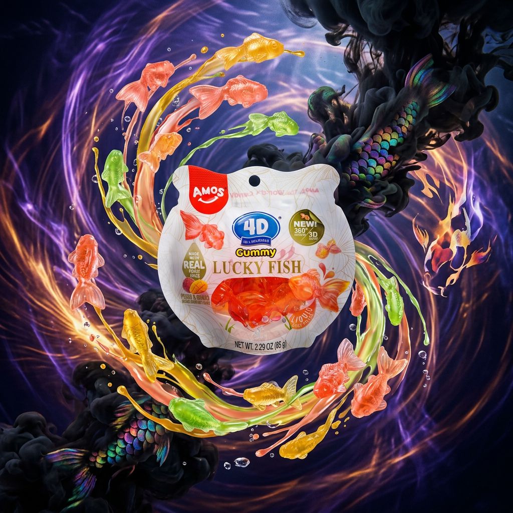 Amos 4D Gummy Lucky Fish, bonbons gélifiés poisson porte-bonheur mangue pêche pomme, importés, disponible sur My American Shop