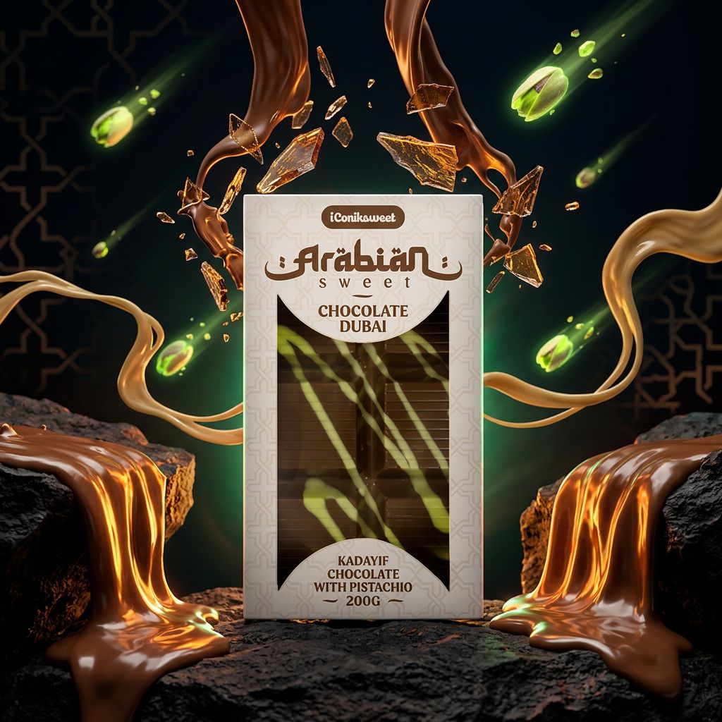 Tablette Dubai Chocolate Arabian Sweet Rayadif Pistache et Kadayif croustillant, disponible sur My American Shop