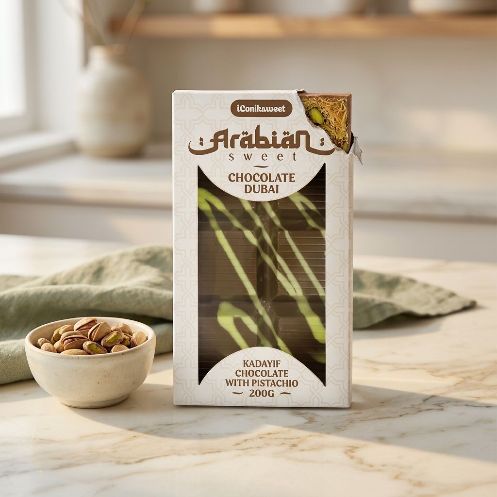 Tablette Dubai Chocolate Arabian Sweet Rayadif Pistache et Kadayif croustillant, disponible sur My American Shop