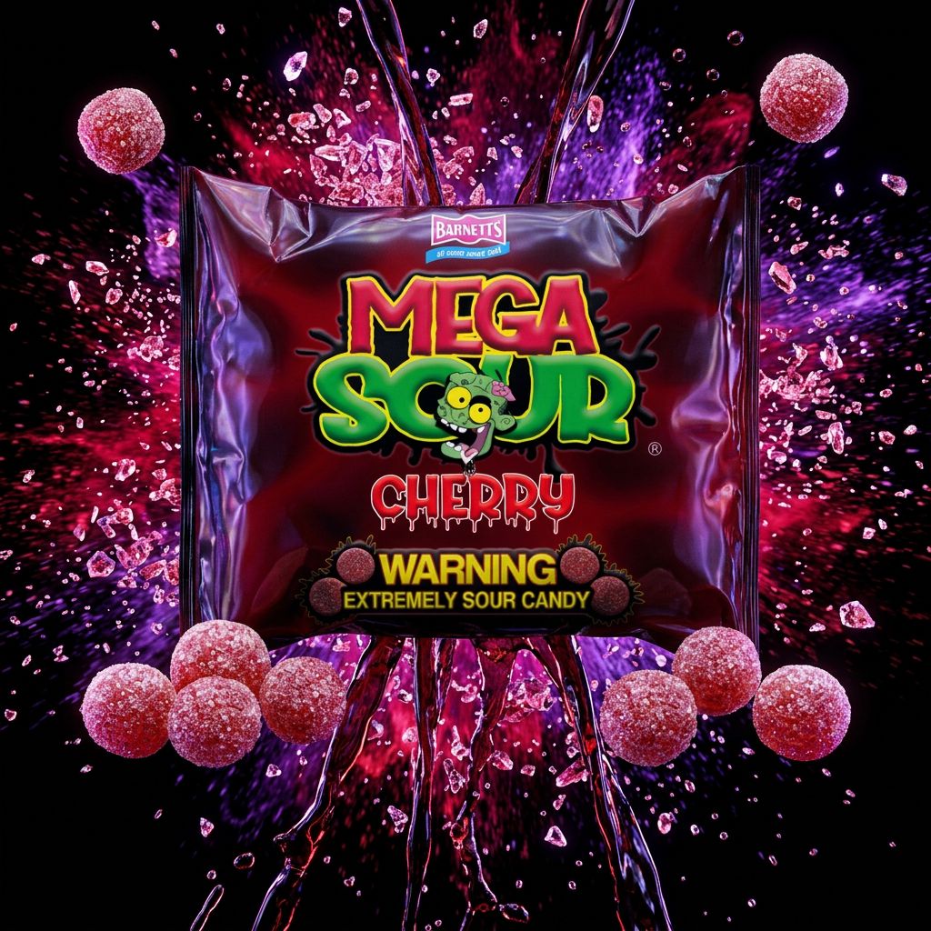 Barnetts Mega Sour Cherry, bonbons durs ultra acidulés saveur cerise, importés du Royaume-Uni, disponible sur My American Shop