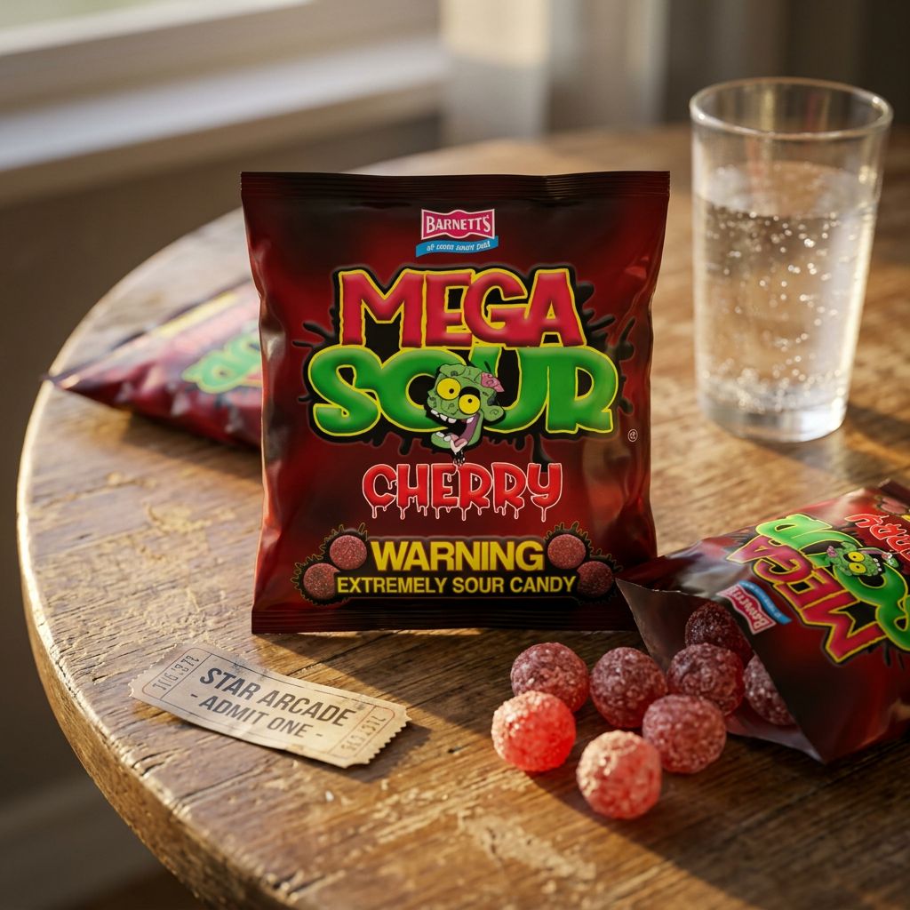 Barnetts Mega Sour Cherry, bonbons durs ultra acidulés saveur cerise, importés du Royaume-Uni, disponible sur My American Shop