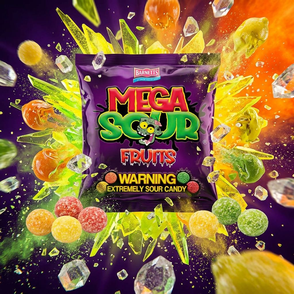 Barnetts Mega Sour Fruits, bonbons durs ultra acidulés mix fruits, origine Royaume-Uni, disponible sur My American Shop