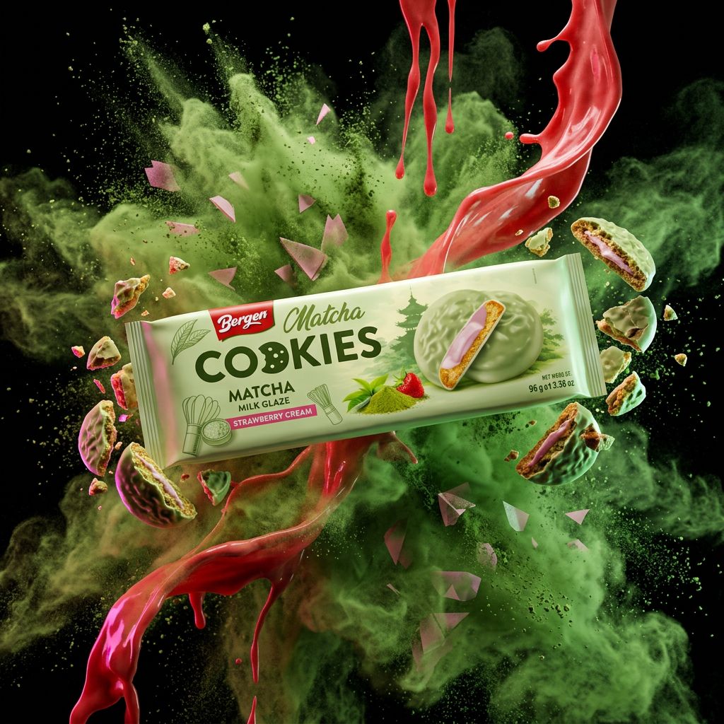 Bergen Matcha Cookies Strawberry Cream, biscuits sandwich matcha et crème fraise importés d'Asie, disponible sur My American Shop