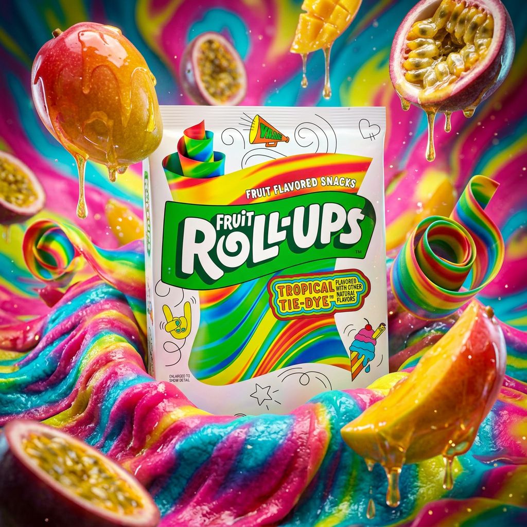 Betty Crocker Fruit Roll-Ups Tropical Tie-Dye, snack fruité américain en feuilles colorées, disponible sur My American Shop