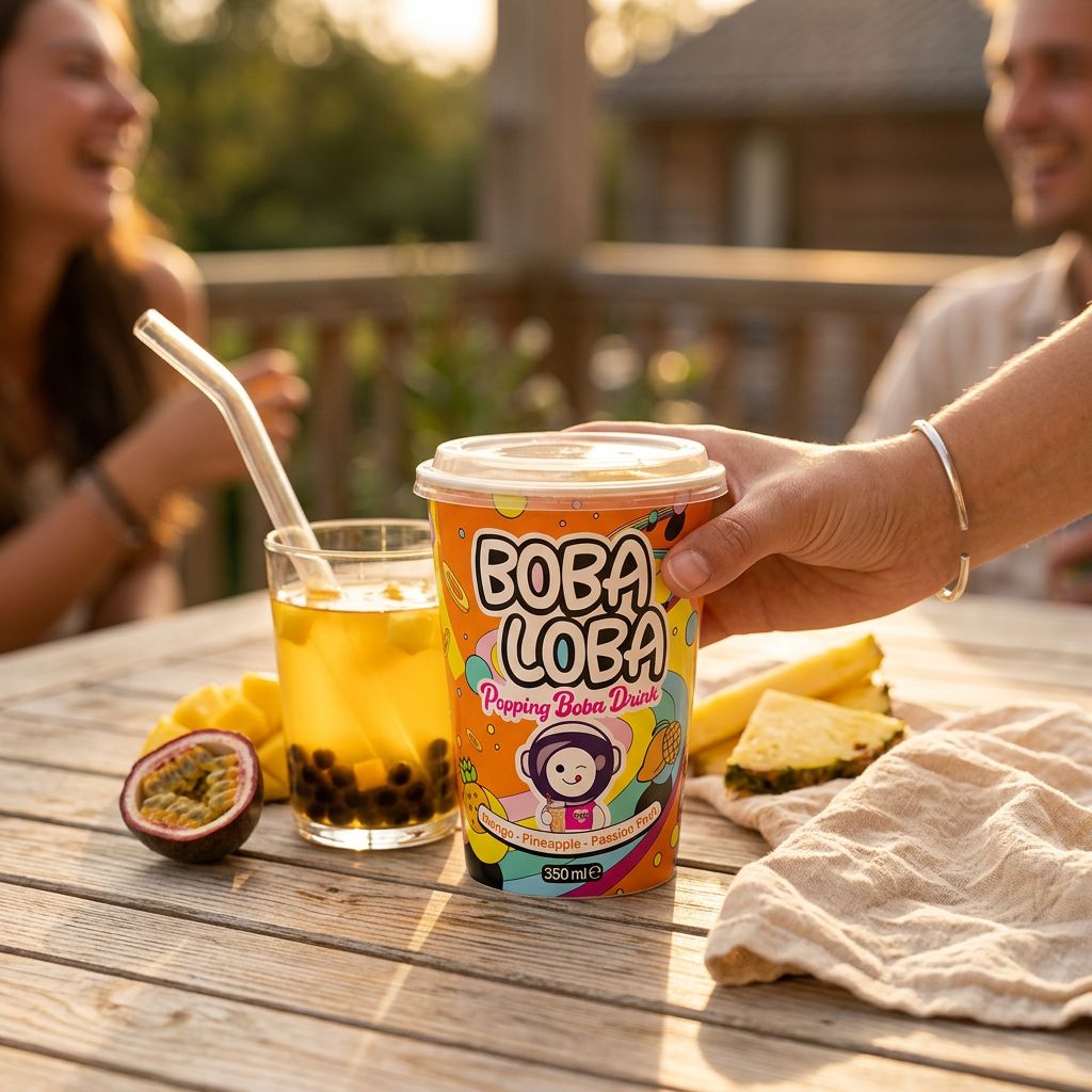 Boba Loba Mango Pineapple Passion Fruit, bubble tea tropical en canette avec perles de boba, disponible sur My American Shop