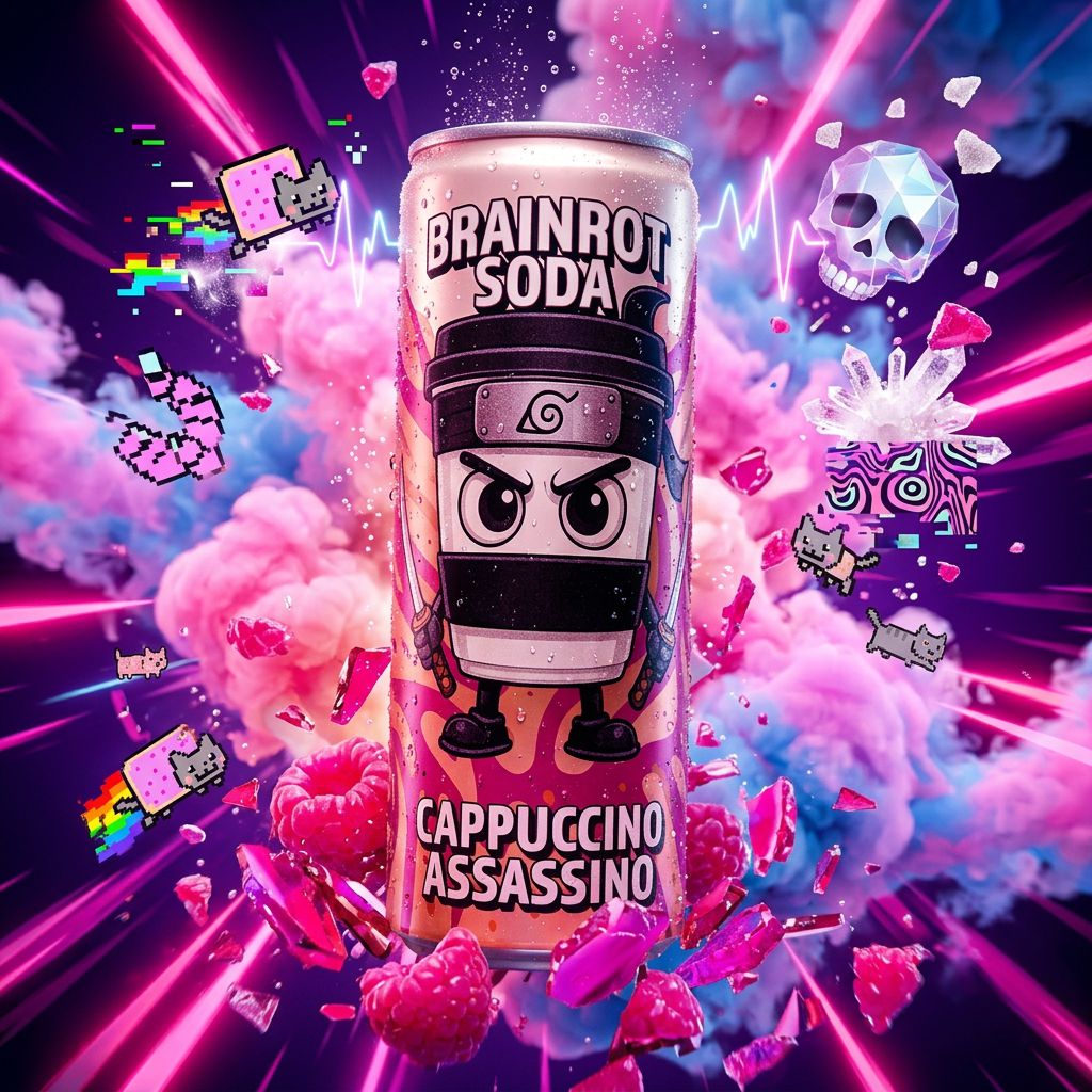 Brainrot Soda Cappuccino Assassino, soda pétillant framboise barbe à papa, boisson virale import, disponible sur My American Shop