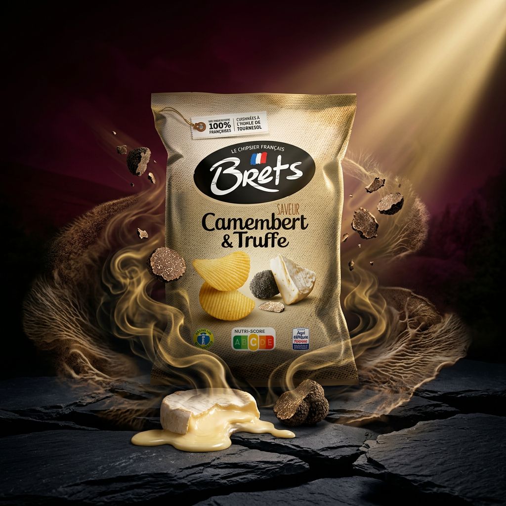 Chips Brets Camembert Truffe, ondulées, saveur fromagère et truffe noire, made in France, disponible sur My American Shop