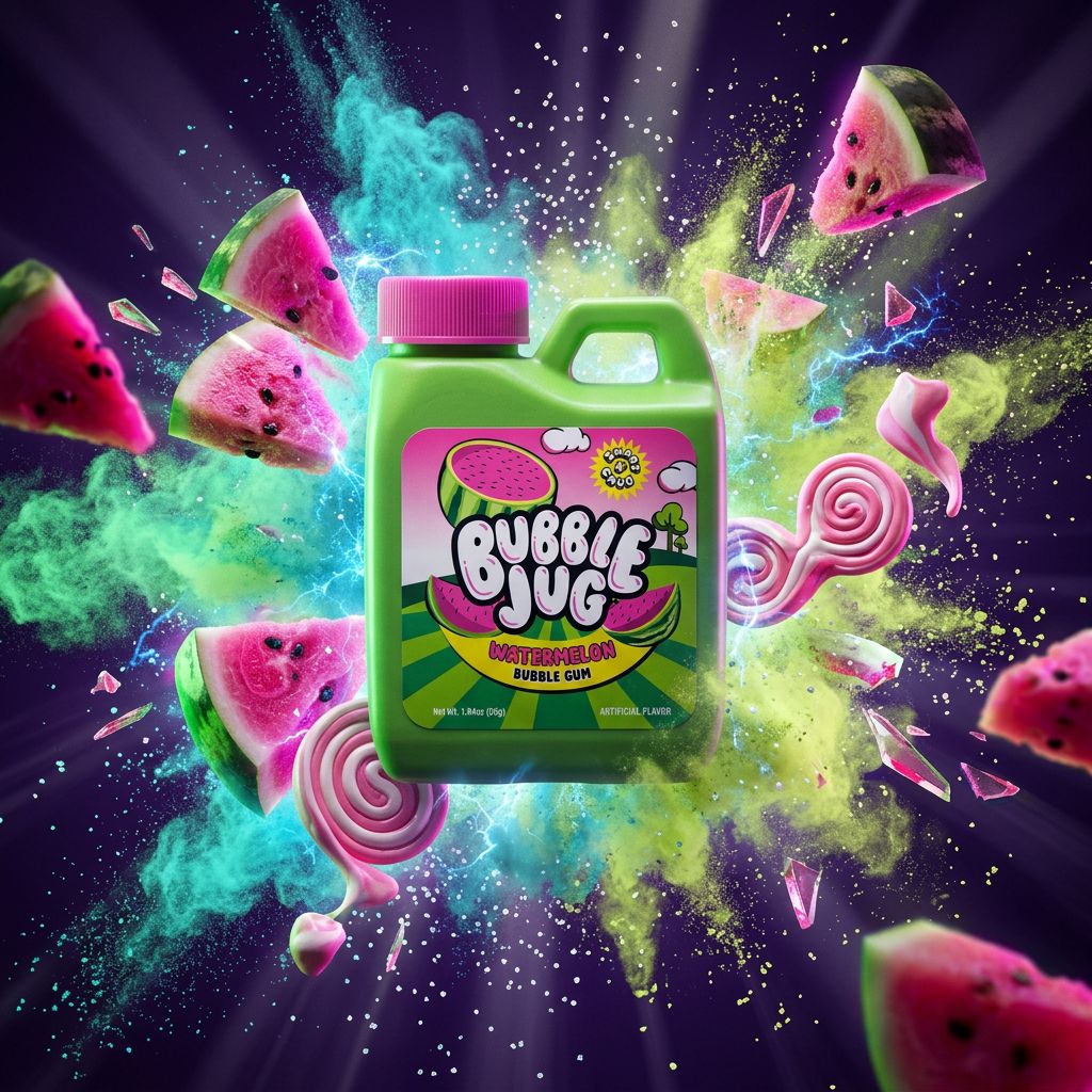 Bubble Jug Watermelon, bonbon américain poudre pastèque avec chewing-gum, pot iconique US, disponible sur My American Shop