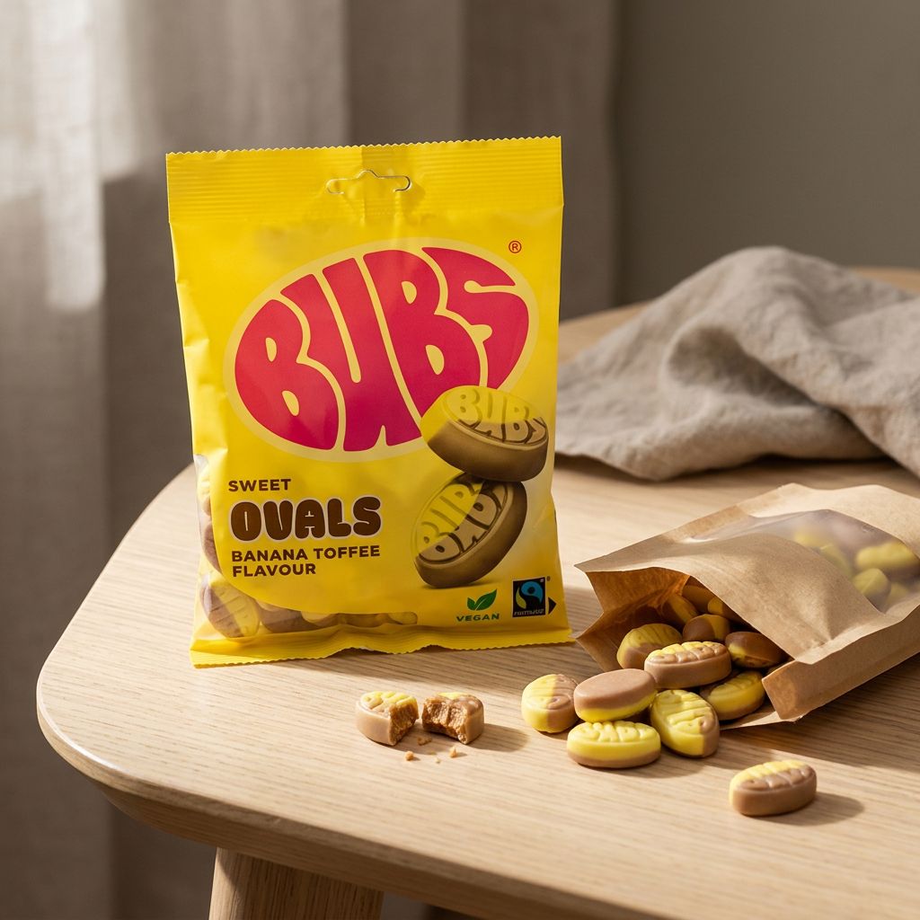 Bubs Godis Goody Sweet Ovals Banana, bonbons suédois ovales à la banane, disponible sur My American Shop