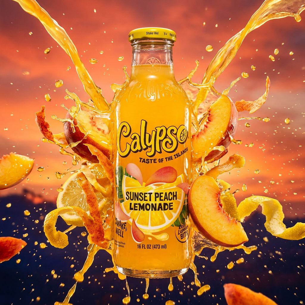 Calypso Lemonade Sunset Peach, saveur citron-pêche, bouteille verre 473ml, importée des USA, disponible sur My American Shop