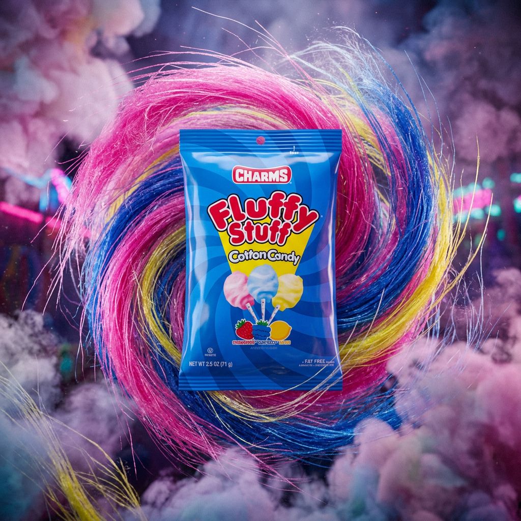 Charms Fluffy Stuff Cotton Candy, barbe à papa américaine multicolore en sachet, origine USA, disponible sur My American Shop