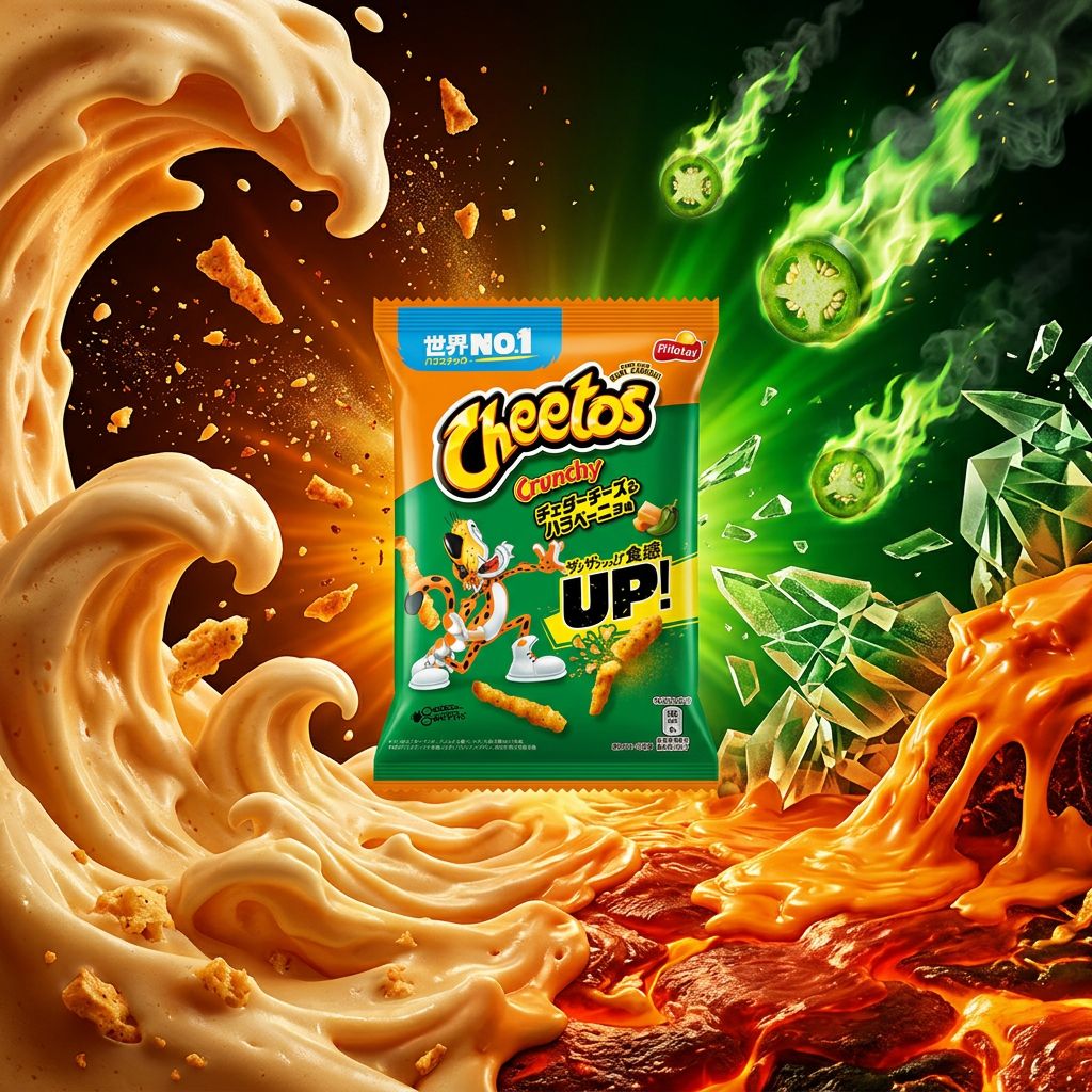 Cheetos Japan Crunchy Jalapenos, chips fromagères piquantes au cheddar et jalapeño, format japonais, disponible sur My American Shop
