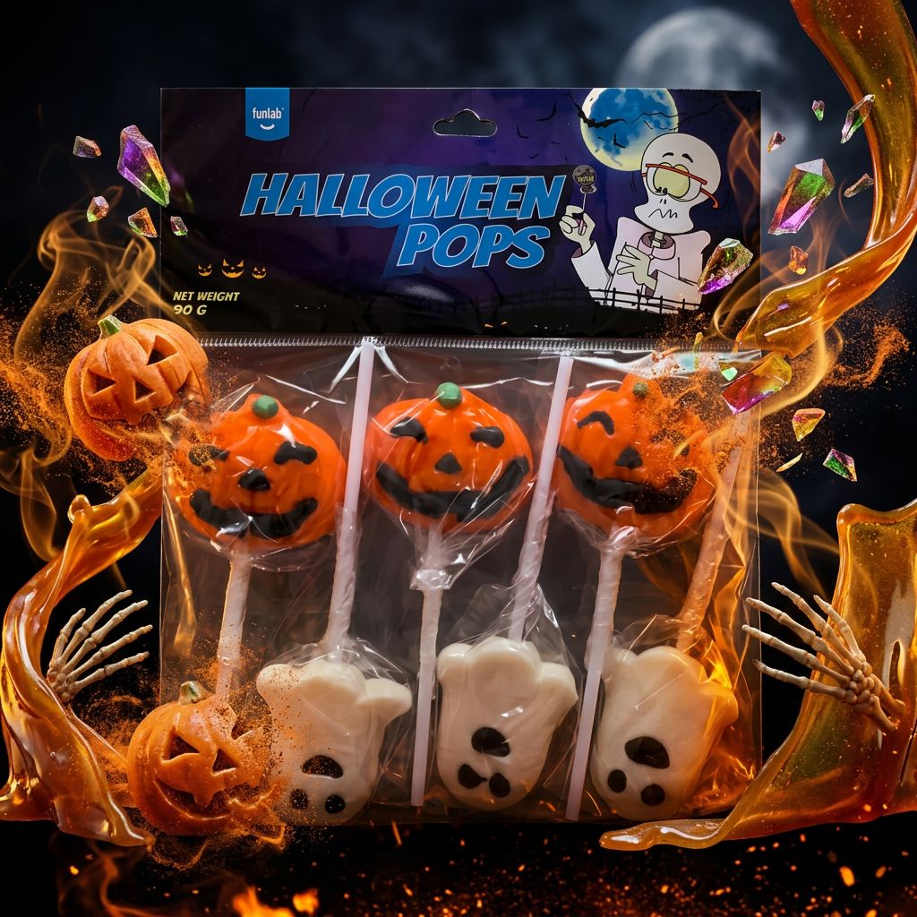 Funlab Halloween Pops, sucettes caramel arômes fruités importées des États-Unis, disponible sur My American Shop