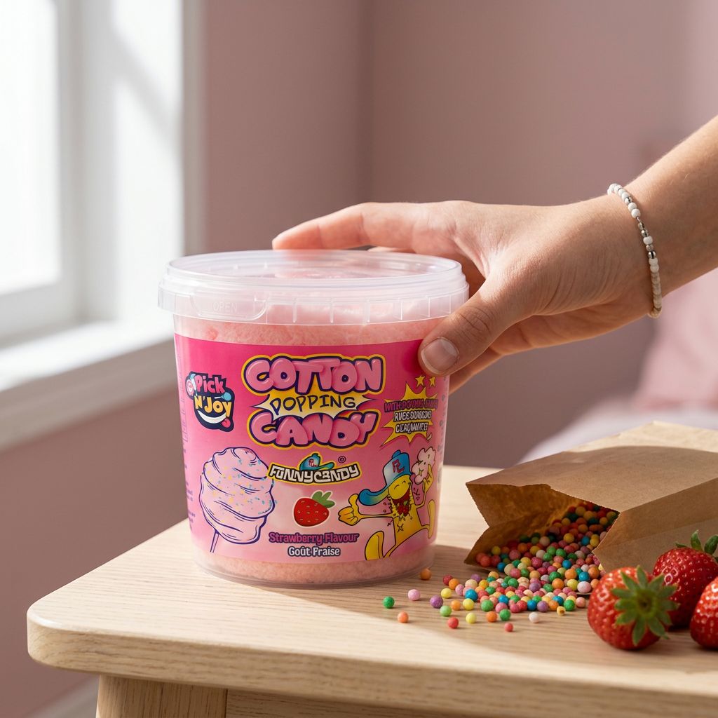 Funnycandy Popping Cotton Candy fraise, barbe à papa pétillante importée, format nomade, disponible sur My American Shop