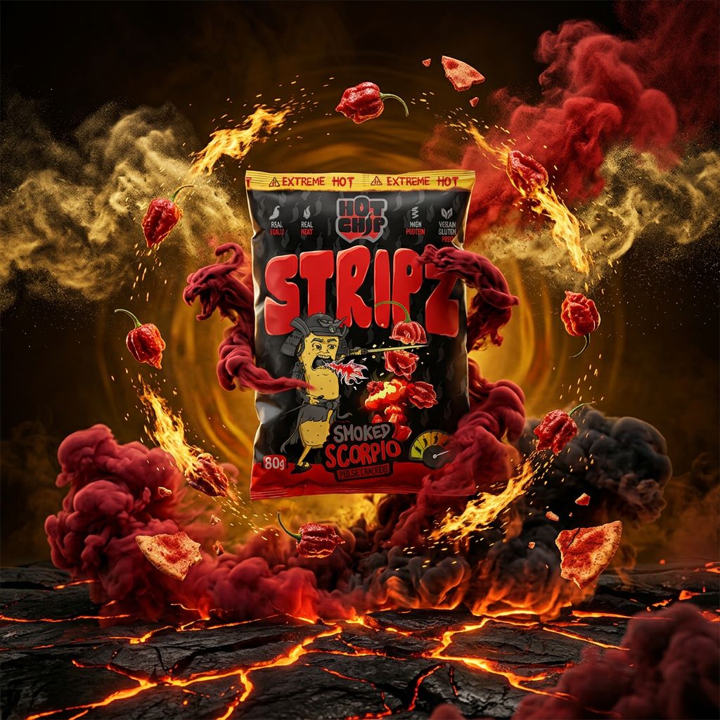 Hot Chip Stripz Smoked Scorpio, snack épicé protéiné en bandelettes au piment scorpion fumé, disponible sur My American Shop