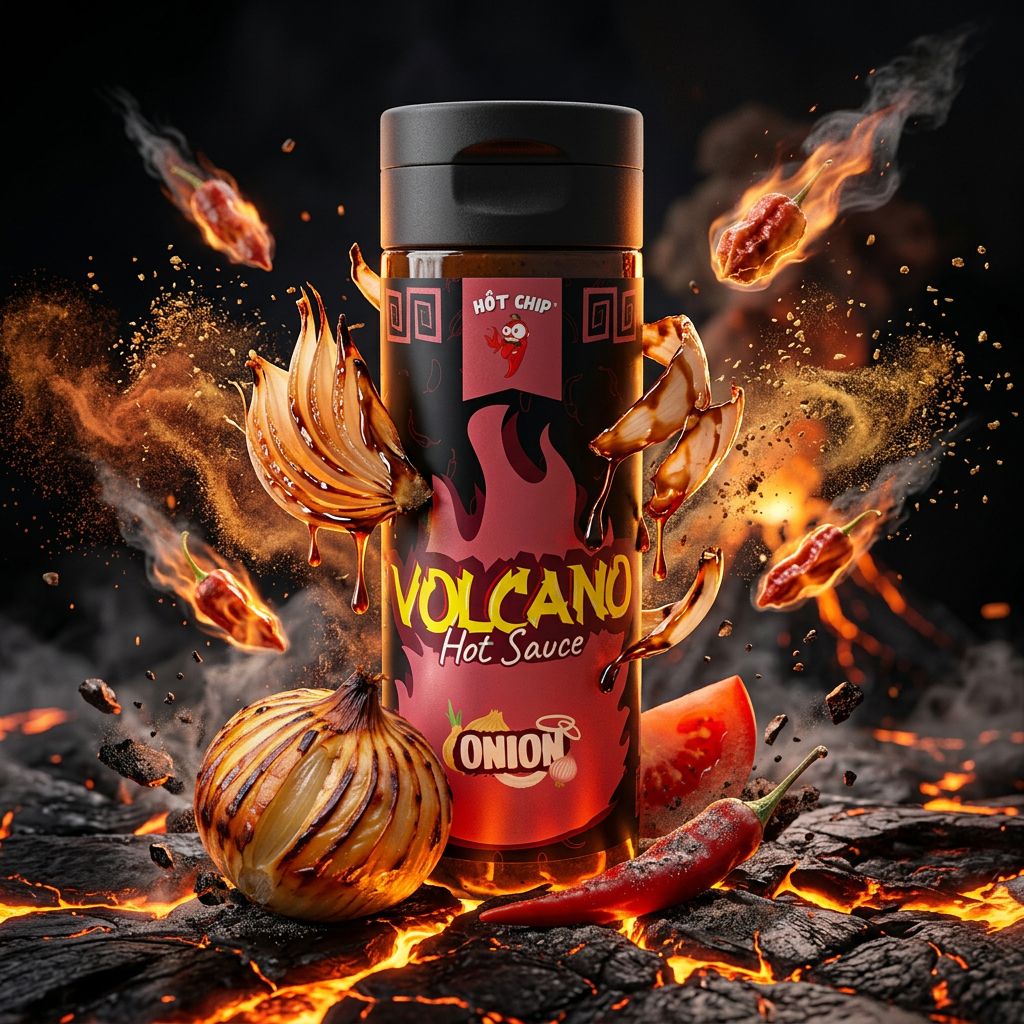 Hot Chip Volcano Onion Hot Sauce au Ghost Pepper, sauce pimentée intense, disponible sur My American Shop