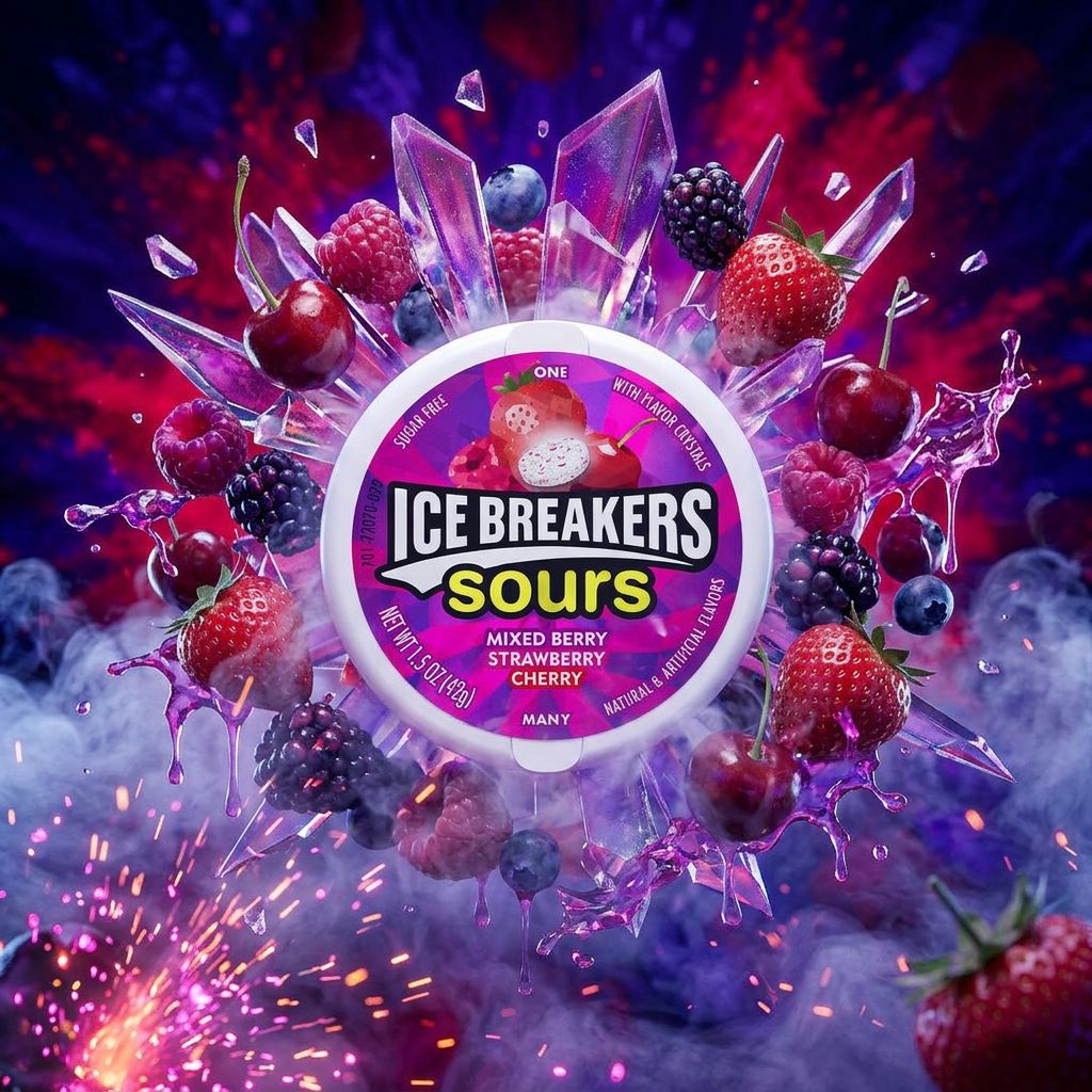 Ice Breakers Sours Berry, bonbons acidulés américains baie fraise cerise, boîte refermable, disponible sur My American Shop