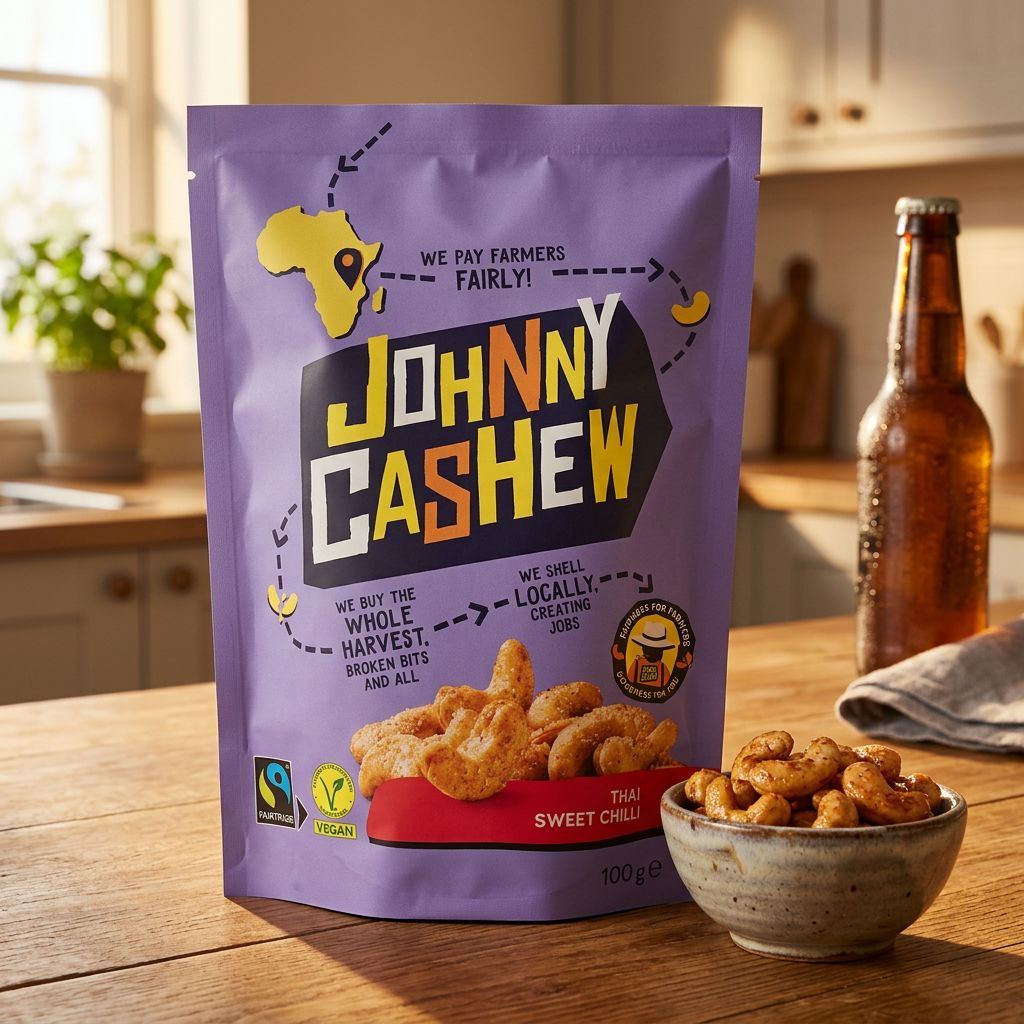 Johnny Cashew Thai Sweet Chili, noix de cajou grillées saveur piment doux thaï, sachet snack premium, disponible sur My American Shop