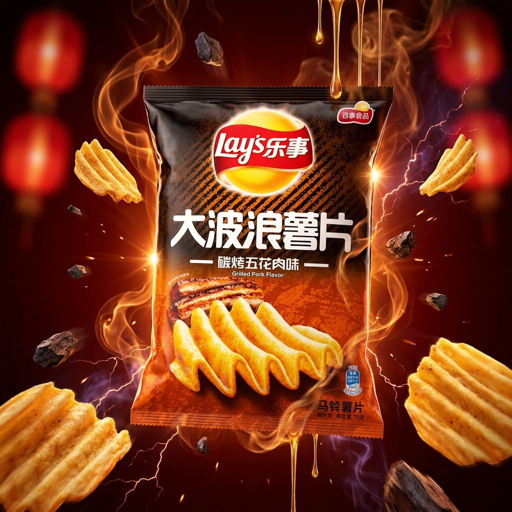 Lay's Deep Ridged Porc Grillé, chips ondulées import Chine, saveur BBQ asiatique, disponible sur My American Shop