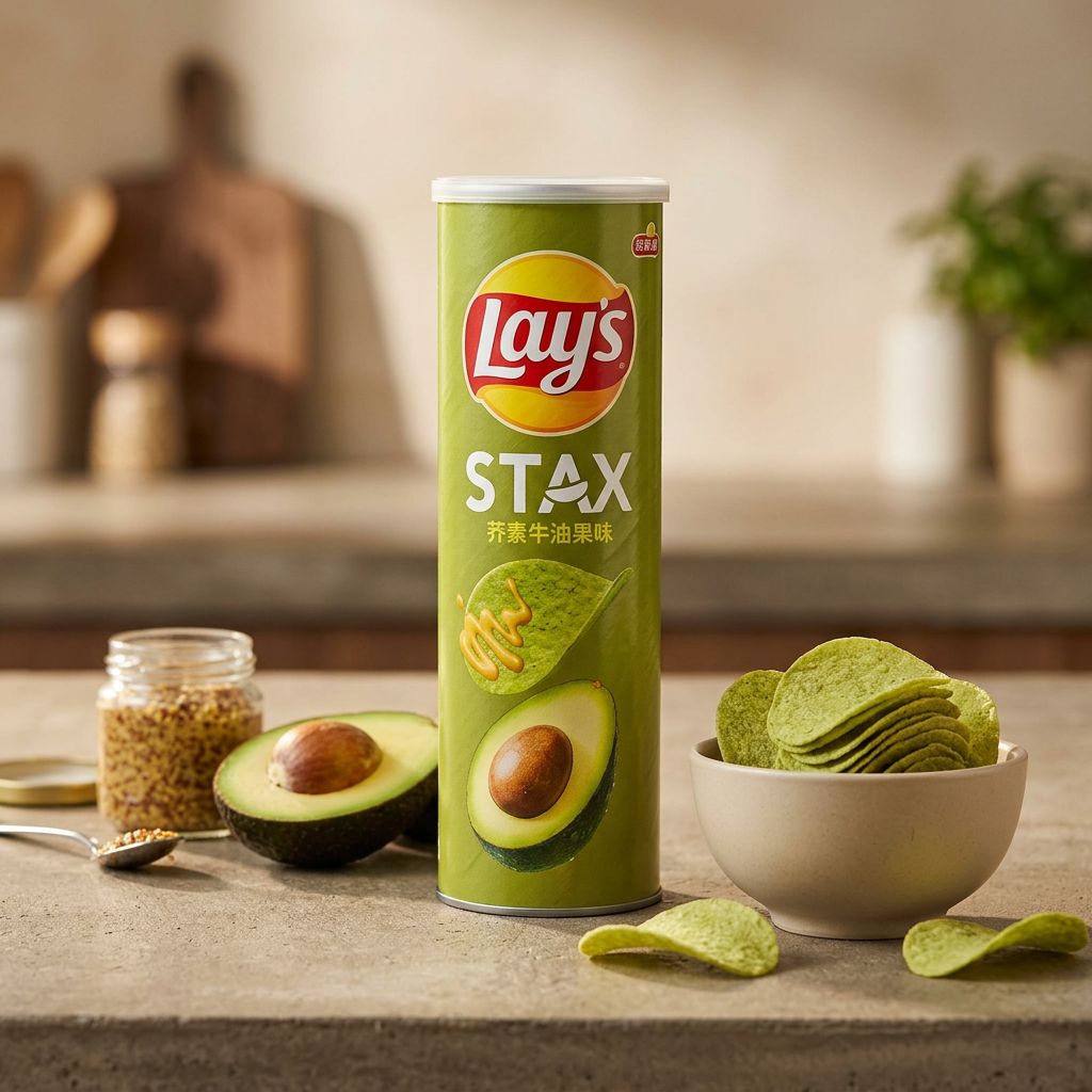 Lay's Stax saveur Moutarde Avocat, chips empilées édition Asie en tube, disponible sur My American Shop
