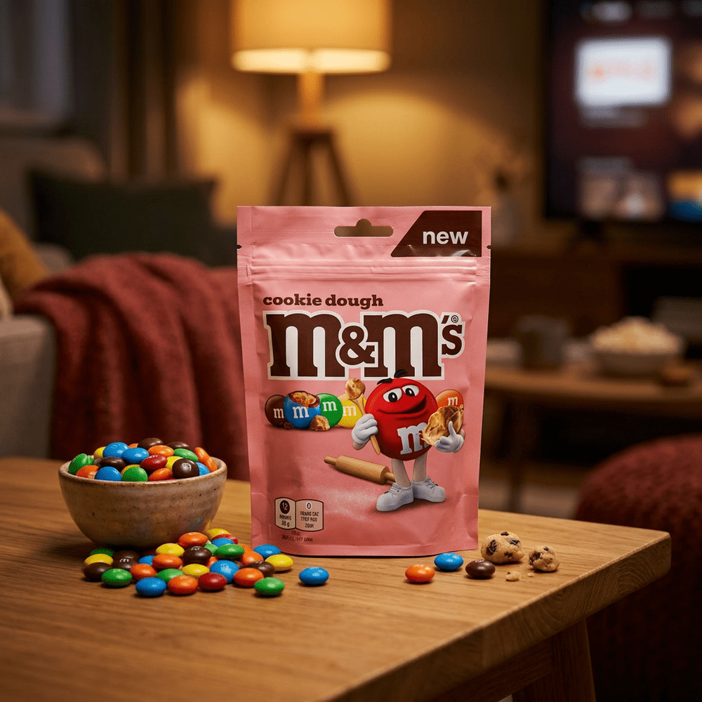 M&M's Cookie Dough Pouch 176g, dragées chocolat au lait fourrées coeur fondant saveur pâte à cookie, enrobage coque sucrée colorée, format pochette genereux disponible sur My American Shop.