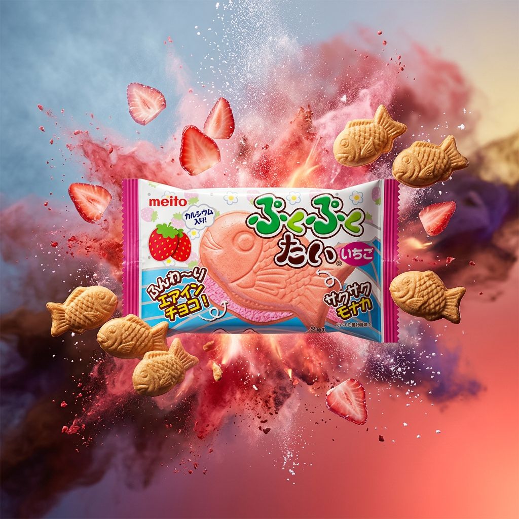Meito Puku Puku Tai Strawberry, biscuits japonais en forme de poisson fourrés fraise, disponible sur My American Shop