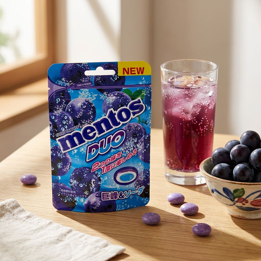Mentos Duo raisin Kyoho et soda, bonbons japonais fruités et pétillants, disponible sur My American Shop