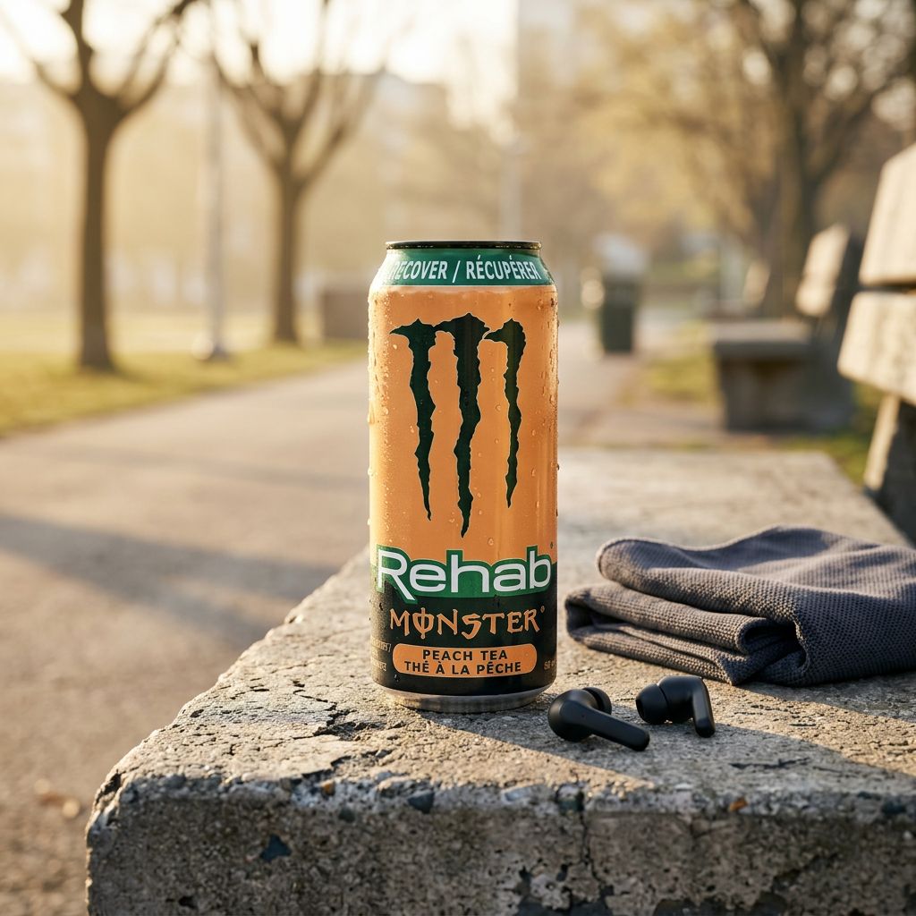 Monster Rehab Peach, canette energy drink américaine saveur pêche et thé, faible en calories, disponible sur My American Shop