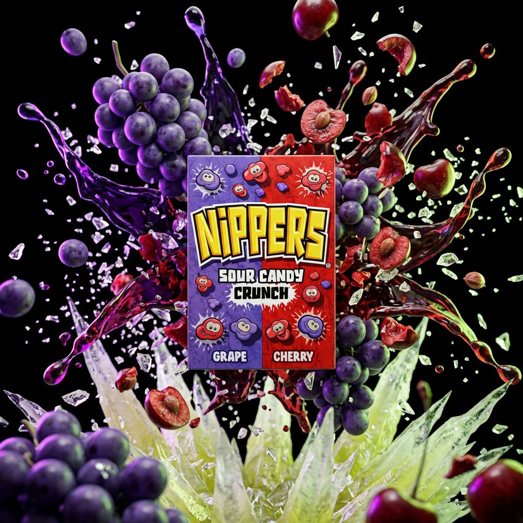 Nippers Sour Candy Crunch Grape Cherry de Zed Candy, bonbons acidulés croquants raisin cerise, disponible sur My American Shop