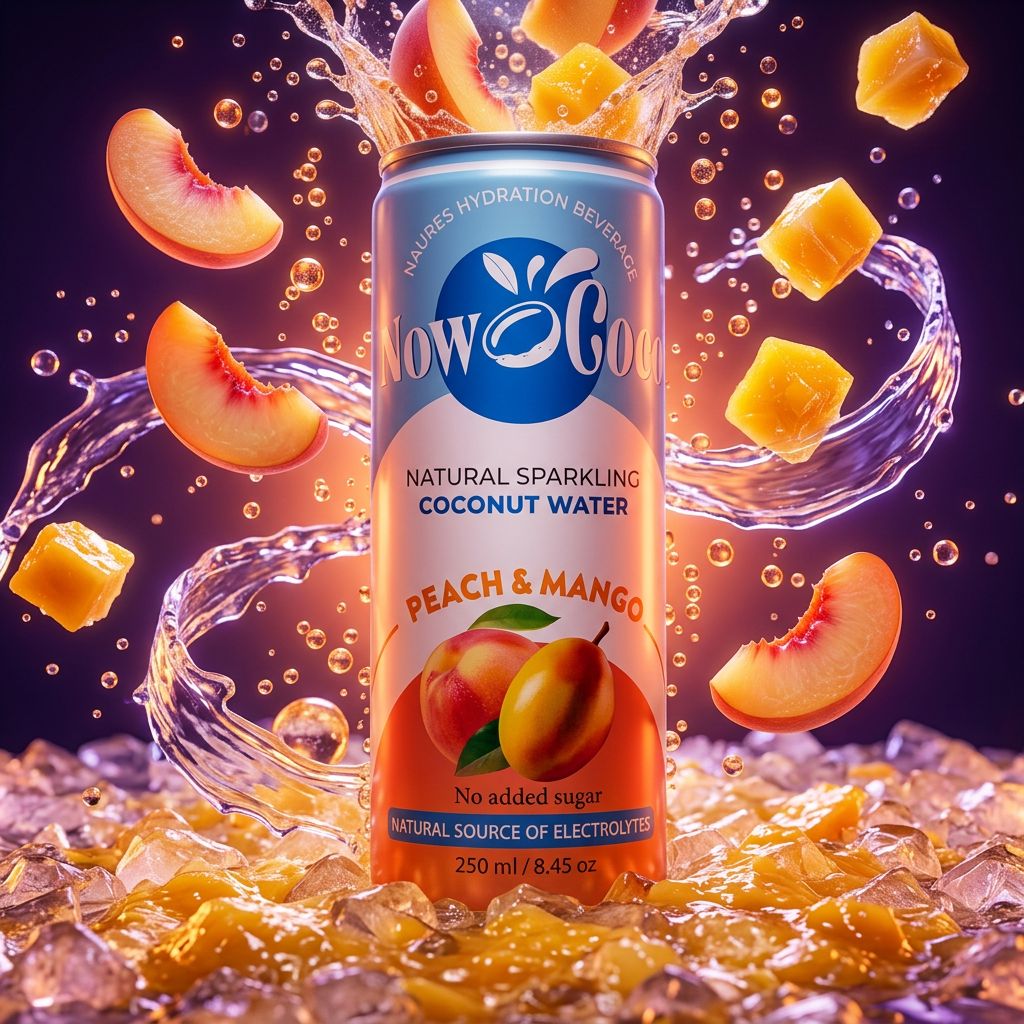 Now Coco Sparkling Coconut Water Pêche Mangue, eau de coco gazeuse tropicale importée, disponible sur My American Shop