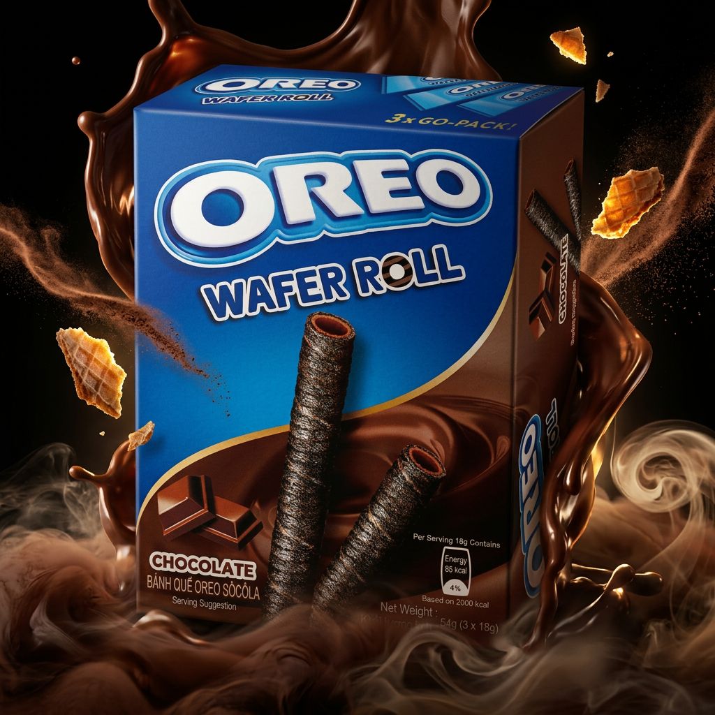 Oreo Wafer Roll Chocolate, gaufrette roulée au cacao et crème vanille, format snack asiatique, disponible sur My American Shop