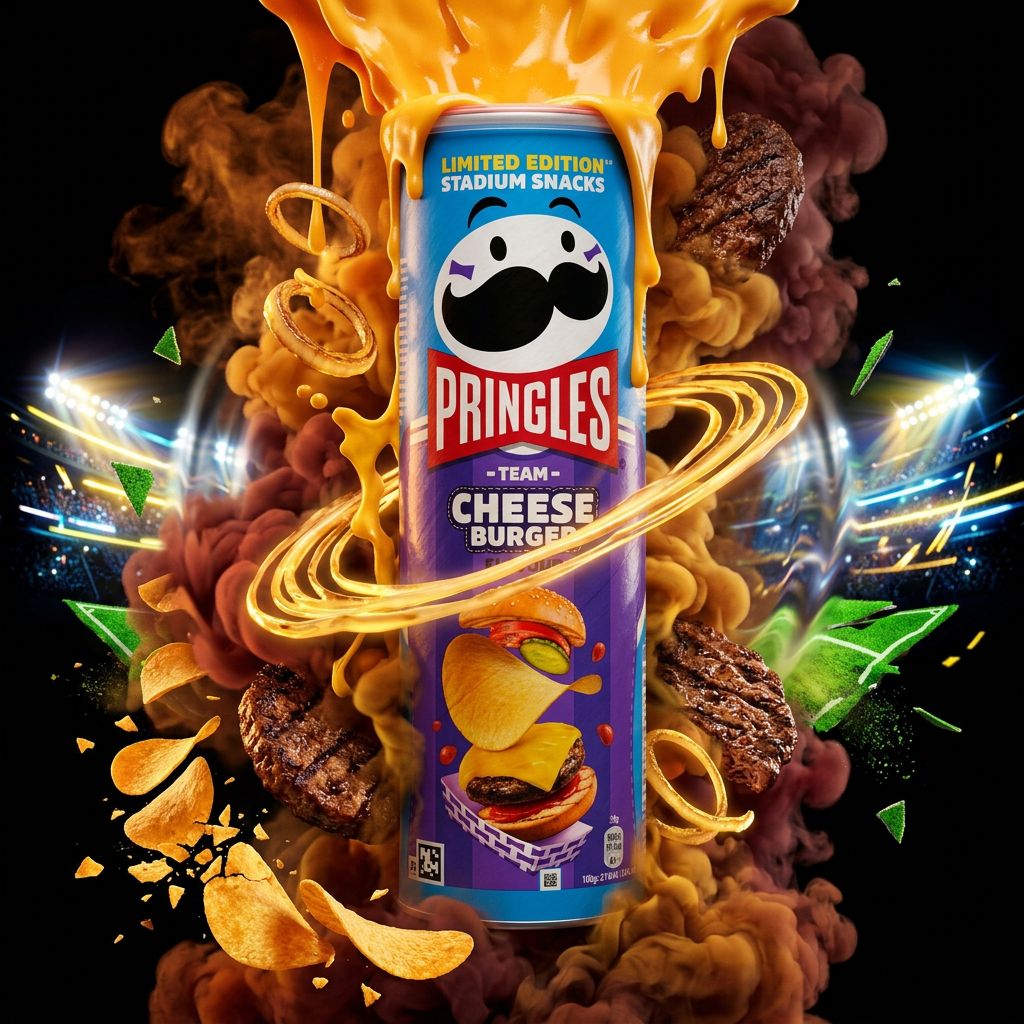 Pringles Stadium Snacks Cheese Burger, chips saveur cheeseburger en tube, gamme américaine, disponible sur My American Shop