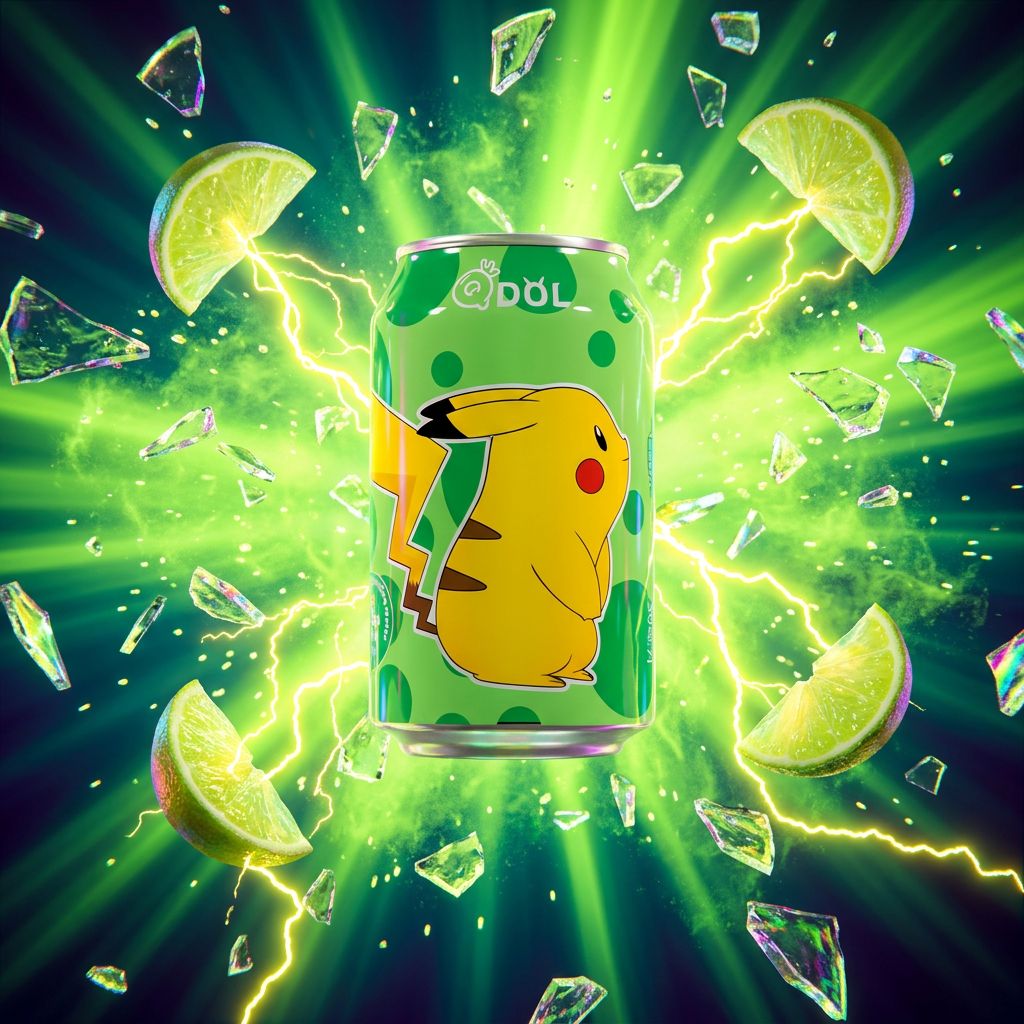 QDOL Pokémon Pikachu eau pétillante saveur citron vert, boisson collector asiatique, disponible sur My American Shop