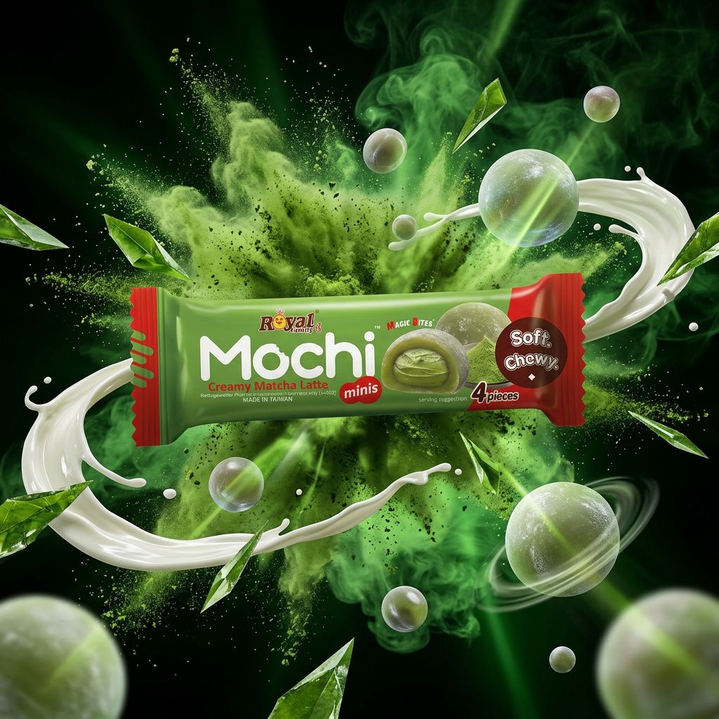 Royal Family Mochi Mini Creamy Matcha Latte, bouchées de riz gluant fourrées crème matcha, origine Taïwan, disponible sur My American Shop