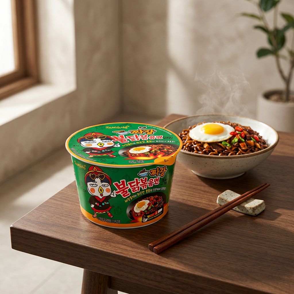 Samyang Ramen Bowl Hot Chicken Jjajang, nouilles épicées coréennes en bol, disponible sur My American Shop