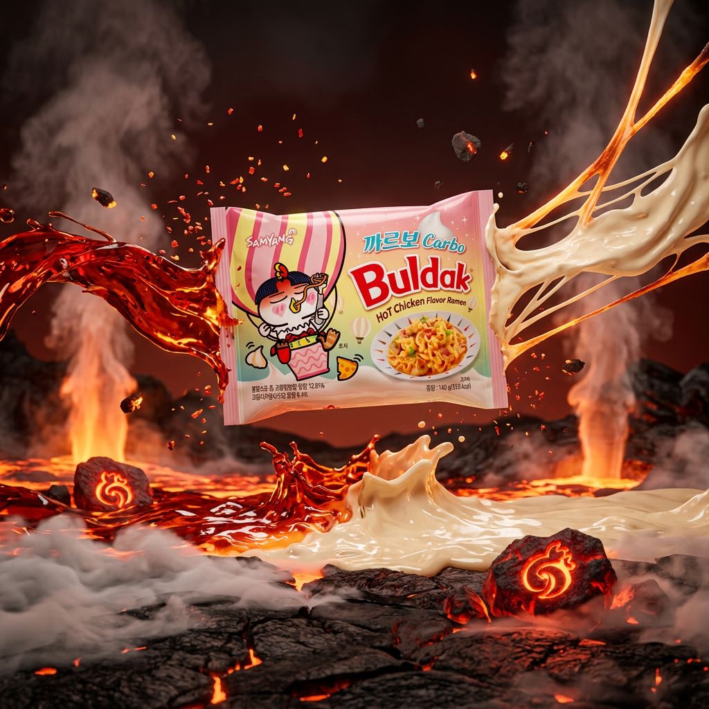 Samyang Buldak Cream Carbo ramen épicé crémeux instantané coréen, disponible sur My American Shop