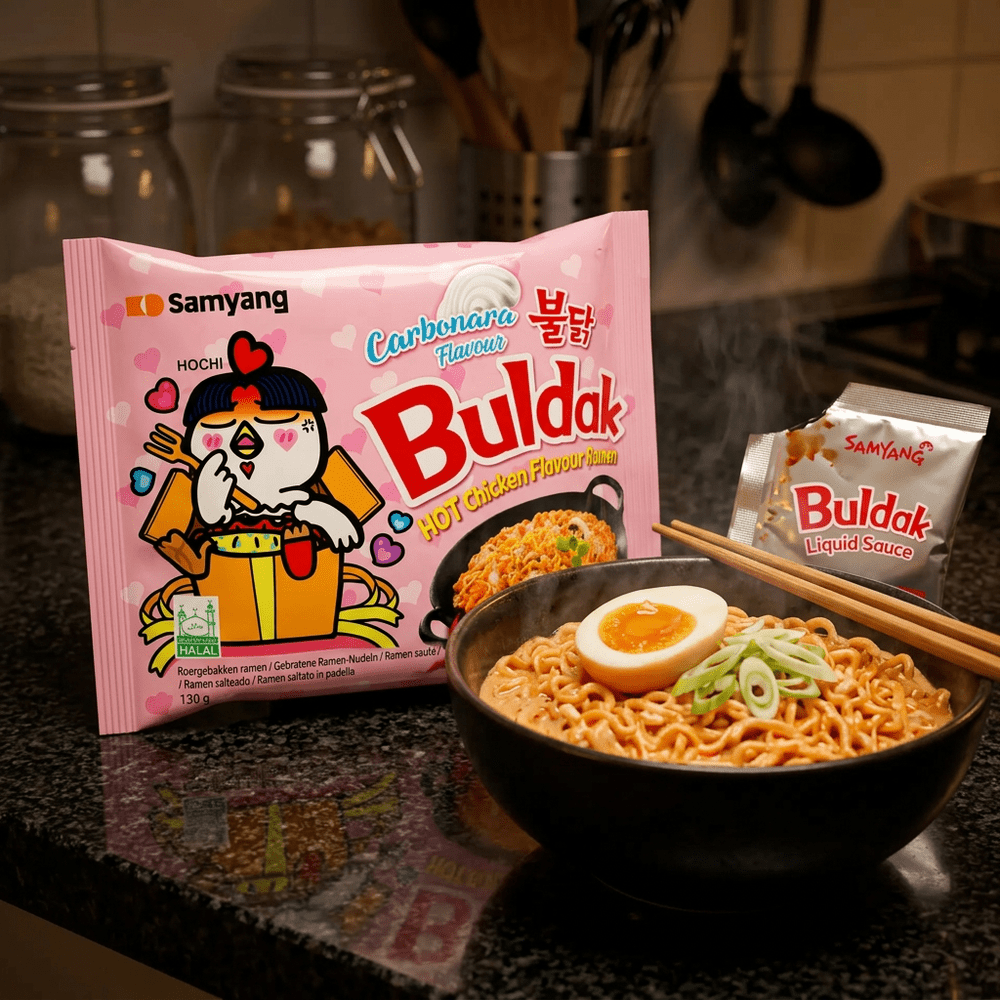 Samyang Ramen Hot Chicken Carbo, nouilles instantanées coréennes saveur poulet épicé sauce carbonara crémeuse, alliance feu et douceur en un bol, disponible sur My American Shop.