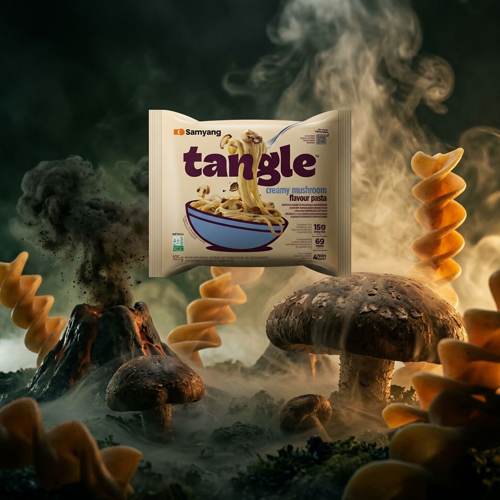 Samyang Tangle Pasta Mushroom Cream, pâtes coréennes torsadées sauce shiitake crémeuse, disponible sur My American Shop