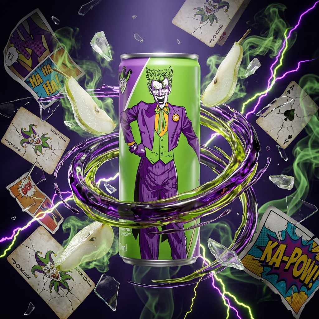 Canette The Joker Soda Sour Crispy Pear, soda américain saveur poire acidulée DC Comics, disponible sur My American Shop