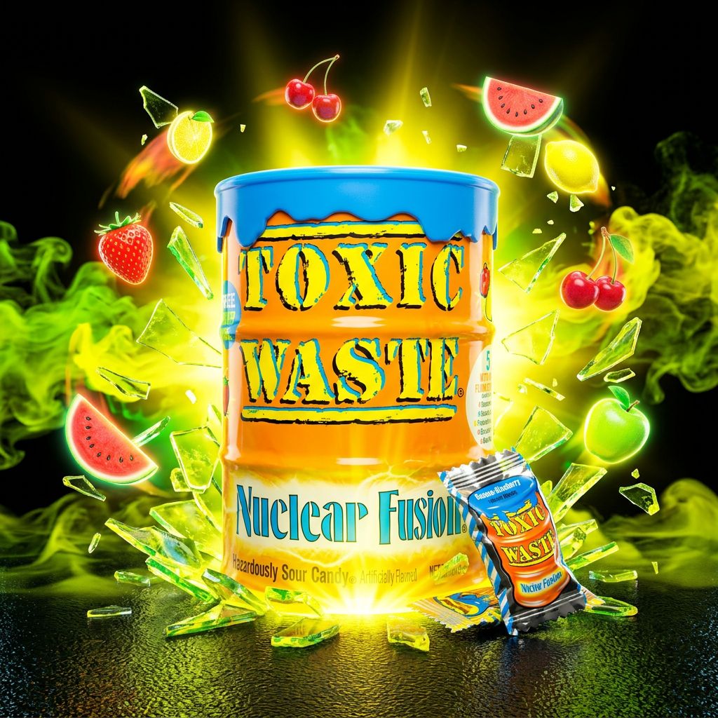 Toxic Waste Nuclear Fusion, bonbons acidulés multi-saveurs en baril iconique, importés des États-Unis, disponible sur My American Shop