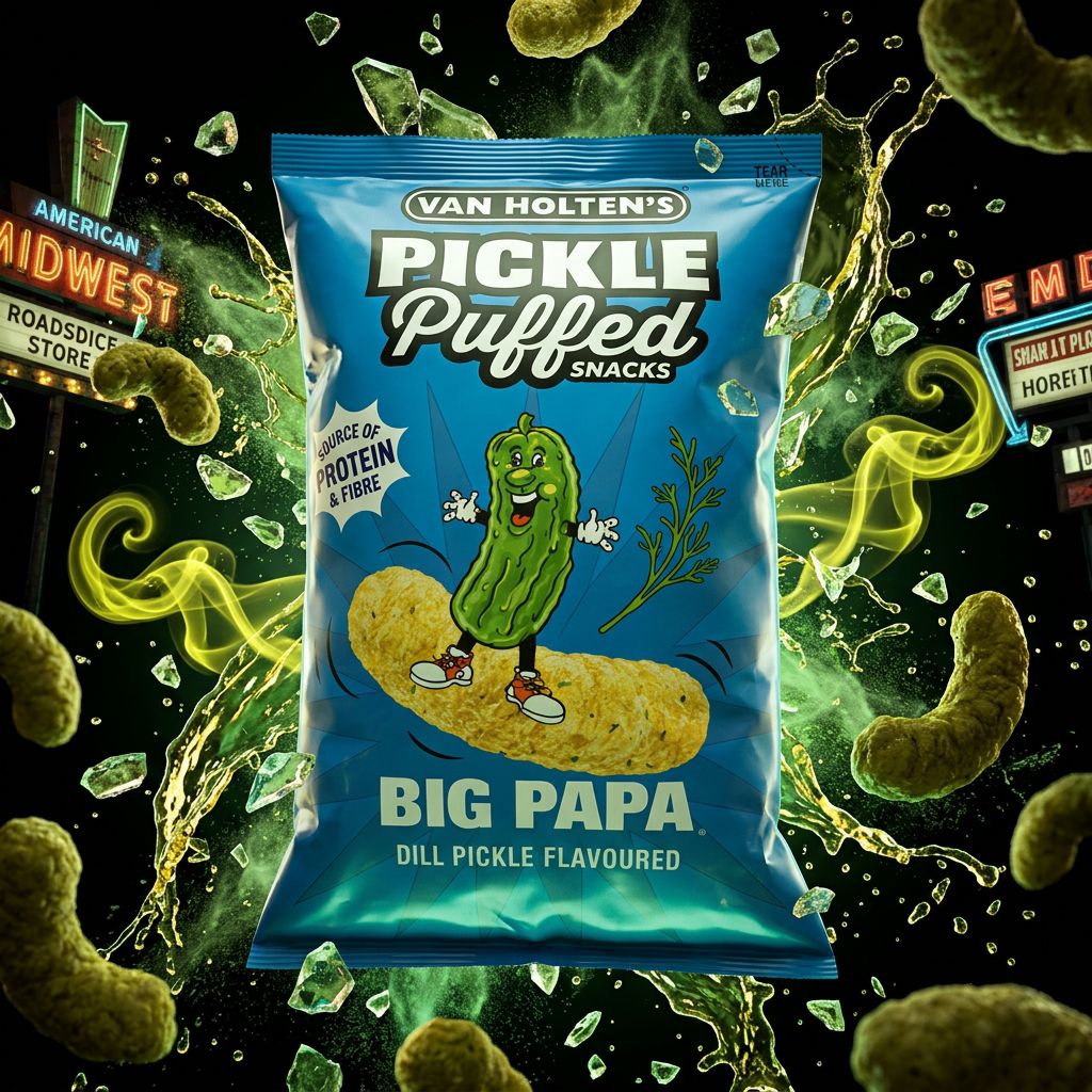 Van Holten's Big Papa Pickle Puffed Snacks, snack américain soufflé saveur cornichon, importé des USA, disponible sur My American Shop