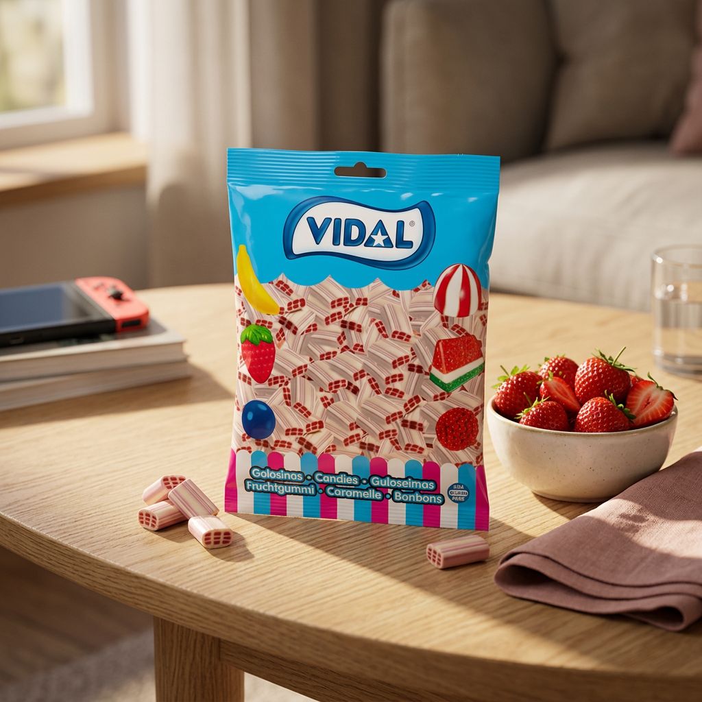 Vidal Bricks Fraise et Crème, bonbons gélifiés espagnols en briques, disponible sur My American Shop